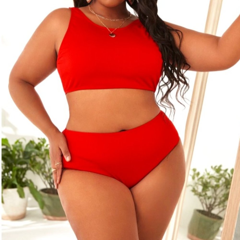 Red Ribbed Bikini Swimsuit – Plus – 2XL